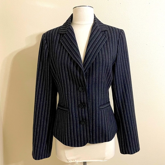 CABI Black and White Striped Fitted Blazer Leopard Print Lined - Picture 2 of 15